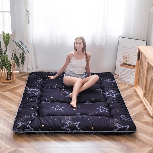 Image of MAXYOYO Japanese Futon Mattress Floor Mattress Sleeping Pad Foldable Mat Roll Up Camping Cushion Floor Lounger Couches and Sofas Couch Topper, Moon and Star, King Size