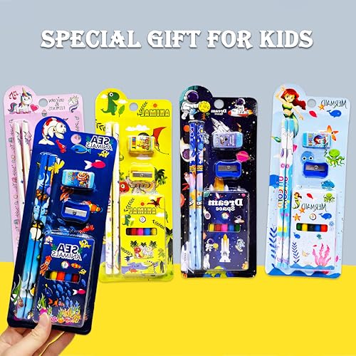 Image of PARTEET Cartoon Theme Stationery Gift Set with 2 Pencils, Sharpener, Eraser and 6 Color Pencils, Complete School Supplies |Birthday Return Gifts for Kids (Pack of 5)