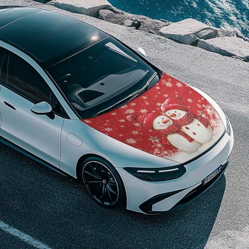 Image of Red Christmas Prints Car Cover - Elastic Polyester, Washable, Easy Installation for Car Hood - Christmas Decorations and Gifts