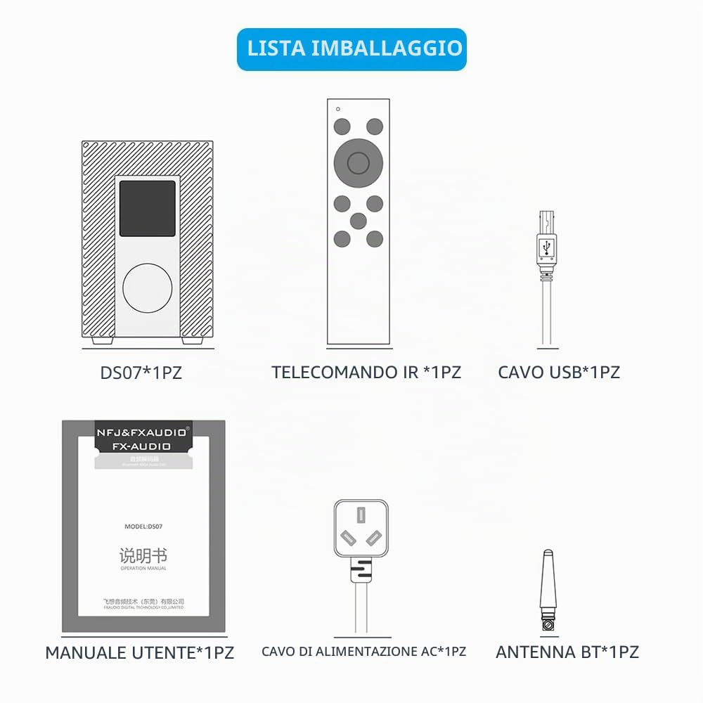 FX-AUDIO DS07 DAC - ES9068AS XU216 Bluetooth 5.1 HiFi - Decoder completamente simmetrico 32bit/768kHz DSD512 Native MQA, con telecomando