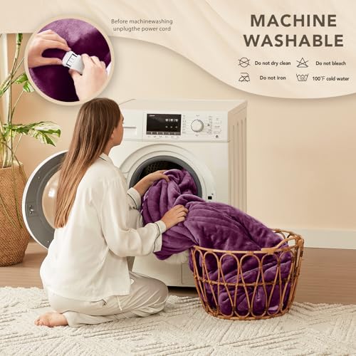 Image of Homemate Electric Heated Blanket Full Size - 72 inchx84 inch Heating Bed Blankets Throw with 8 Hours Auto Off 10 Heating Levels Fast Heating Over-Heated Protection Soft Warm Flannel Bed ETL Certified Purple