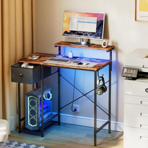 Image of X-cosrack 33.5 inch Small Gaming Desk with LED Lights & Outlets, Monitor Stand | Computer Desk for Bedroom, Writting Studying Table with CPU Stand& Charging Station