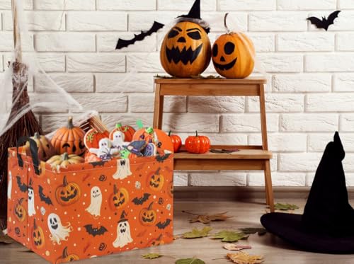 Image of Rectangular Halloween Basket for Boys and Girls Kids Trick or Treat Pumpkin Basket for Halloween Parties Cute Storage Bin Organizer Box Room Decor(Yellow Pumpkin Ghost)