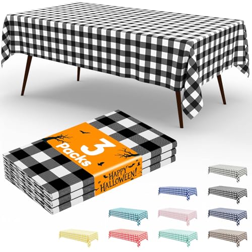 Smiry 3 Packs Gingham Disposable Table Cloth, 54 x 108 Inch Waterproof Plastic Tablecloth, Rectangle Black and White Checkered Table Covers for Picnic, Birthday, Party