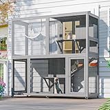 TIMHAKA Large Indoor Catio with Wheels, 4 Tier Cat Enclosures House for Outdoor Sunbathing, 66" Multi-Feature Wooden Kitty Cage for Patio with 4 Access Doors, Gray