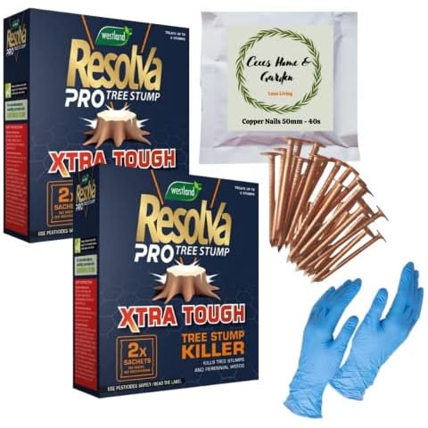 Tree Root Stump Removal Weedkiller DIY Bundle includes Resolva Tree Stump Killer Extra Strong Liquid 4 x 100ml Sachets, 40 Copper Nails, 2x Disposable Hypoallergenic Latex Gloves, Ceces Tips Sheet Cover