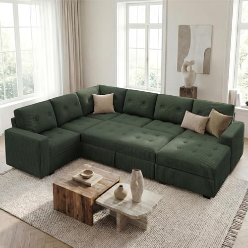 Image of HONBAY Modular Sectional Sleeper Sofa with Pull Out Bed, U Shaped Sleeper Couches with Storage Chaise, 114'' Sleeper Sectional Sofas for Living Room, Apartment (Velvet Green)