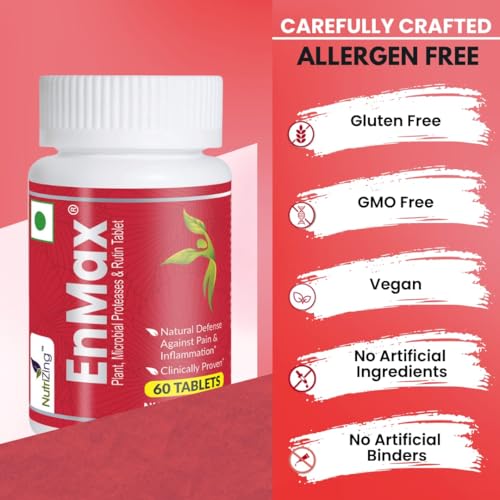 Image of EnMax - A Clinically Proven Proteolytic Systemic Enzyme Tablet for Pain, Natural Pain Healer, Inflammation, Wound Healing & Faster Recovery From Injury or Surgery | 60 Servings - Made in India by NutriZing