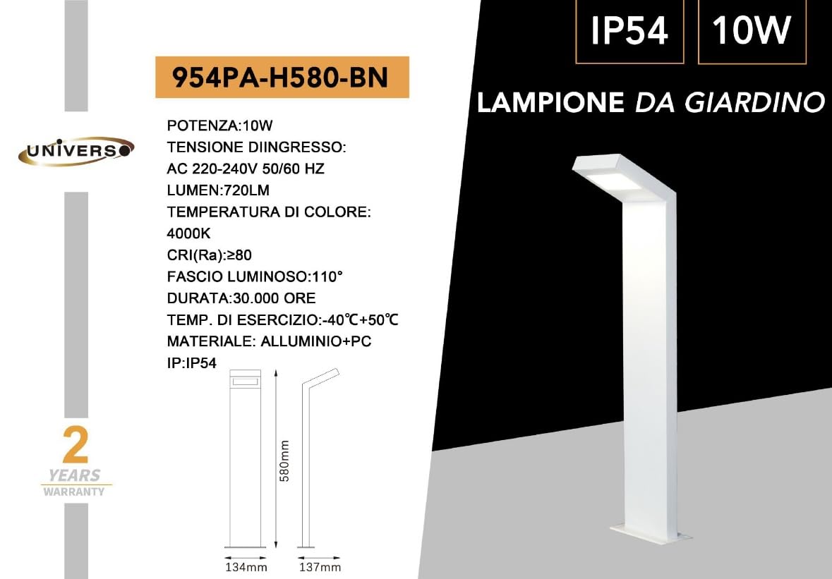 Lampione da Giardino Moderno 10W, Paletto Luce LED Esterno 4000K, IP54 Impermeabile, H580mm, Lampada da Esterno per Vialetti, Cortile, Giardino – Alluminio 954PA-H580 (BIANCO)
