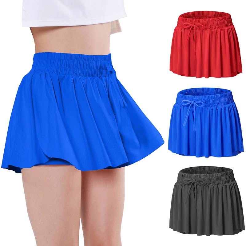 EXARUS Girls Flowy Butterfly Shorts Athletic 2 in 1 Running Skirt Shorts Cheer Tennis Dance Preppy Kids Clothes 2-14Y