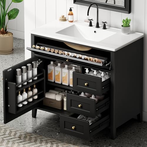 Image of 36 inch Bathroom Vanities with Top Set, Cabinet with Right-Side Multi-Functional Tip-Out Drawer and Adjustable Shelf, Soft-Closing Door, Solid Wood Legs, Black