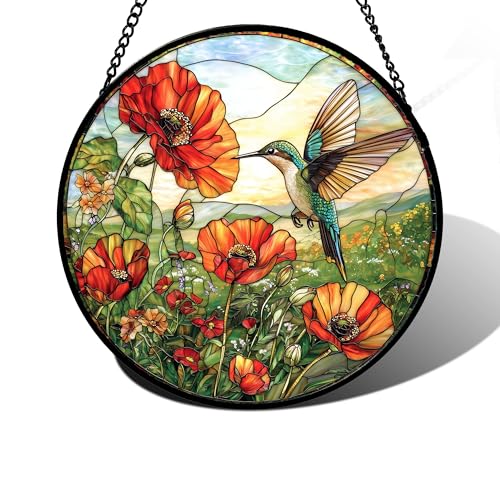 Image of DASTOLL Stained Glass Window Hanging, Hummingbirds Orange Flowers Suncatcher Diamond Glass Panel Hangings Sun Catchers Decor for Birthday for Women, Men, Wife, Aunt, and Mom 6.3 in