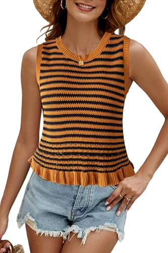 Image of CiCiBird Women Cute Crop Sweaters Vest Knit Sleeveless Pullover Tops Crochet Ruffle Hem Tank