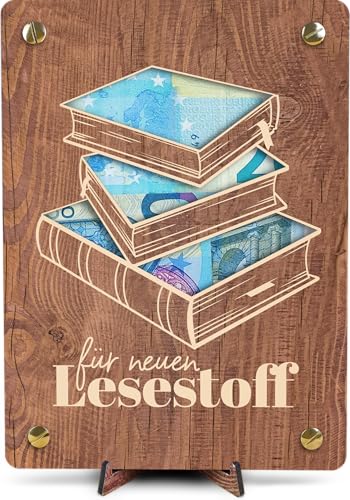 Buch Gutschein - XL Geldgeschenk aus Holz inkl. Ständer | Bücher - Geburtstagskarte für Buchliebhaber Buchgutschein Grußkarte Bücherwurm Grußkarte Buch