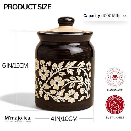 Image of Floral Black Ceramic Handglazed Pickle Jars Set of 2-1000 ML Each | 1 kg Achaar Martban Barni Jar with Lid | Ceramic Storage Jar Container Pickle /Achar, Chatney, Sugar
