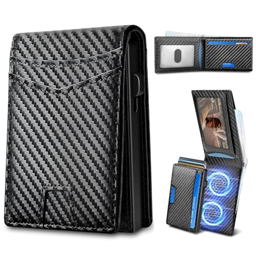 Genuine Leather Wallet for Men Slim RFID Blocking Bifold Front Pocket Carbon Fiber Card Holder Minimalist Ultra Thin Multi Slot Accessory (Black-2)