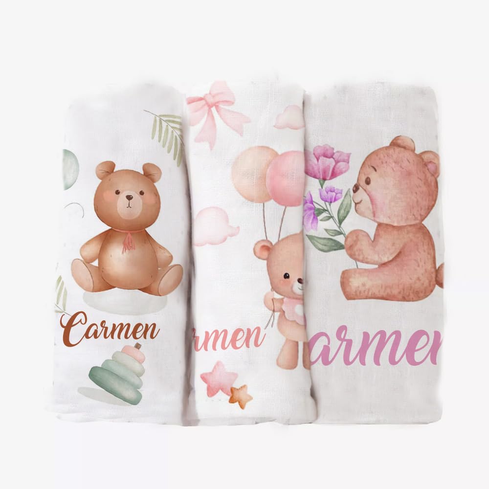 Set 3 Pezzi Mussole Personalizzate Bimba Orsetto Regalo Neonato Cotone Bambù 70x70cm