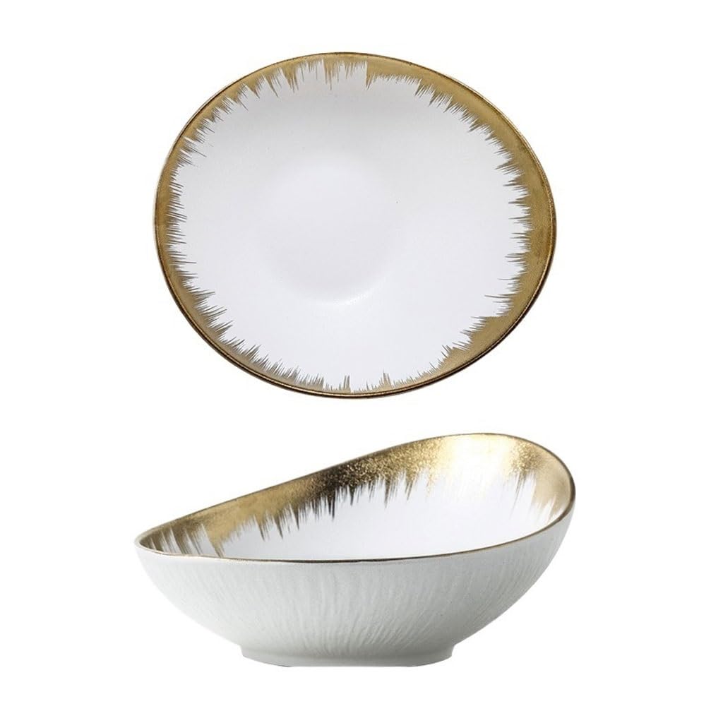 Insalatiera Insalatiera con bocca inclinata, ciotola for condimenti in ceramica con bordo dorato, ciotola for esposizione di piatti freddi Ciotole Cucina(A,21.5 * 8.8)