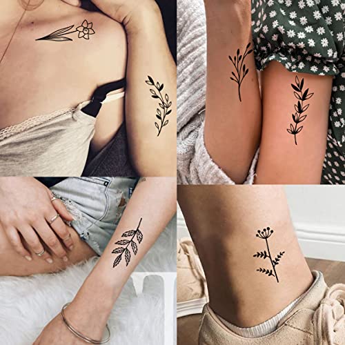 Tazimi 12 Sheets Black Flower Temporary Tattoos For Women Girls,Black Small Wild Floral Bouquet Tiny Branch Floral Wild Plants Sketch Tattoo Stickers For Women Body Art Arm #TOP3