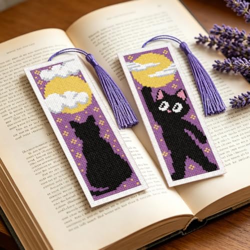 Image of ACRNIGHEET 6PCS Cross Stitch Bookmark Kit for Beginner Stamped Cross Stitch Kits for Adults Cute Cat & Moon DIY Tassel Embroidery Bookmark Kits Needlepoint Kit with Instructions Gift 8.5''x3'' 11CT