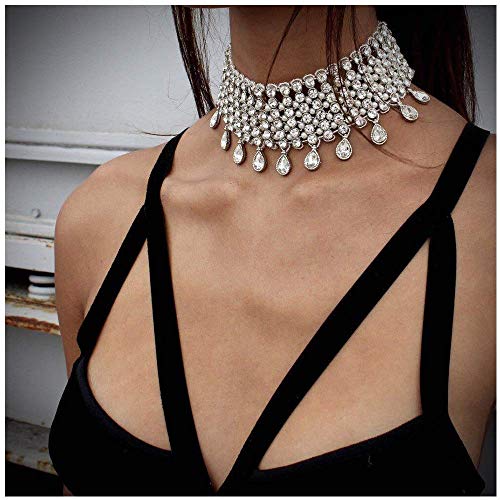 Joygulls Sexy Shining Crystal Full Rhinestone Choker Necklace Water Drop Pendant Necklace Statement Necklaces Wide Collar Necklaces for Lady Party Jewelry (Silver)2
