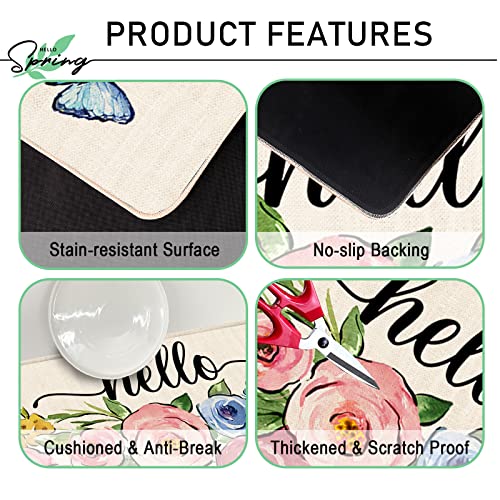 Tailus Hello Spring Cat Decorative Kitchen Rugs Set Of 2, Kitty Floral Flowers Anti-Fatigue Kitchen Mat Kitten Butterfly Non-Slip Floor Mat, Summer Home Kitchen Decorations - 17X29 And 17X47 Inch #TOP3