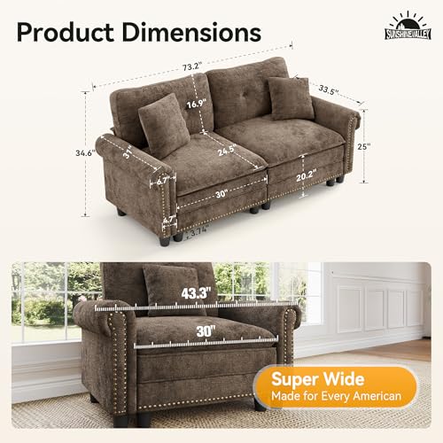 Image of SUNSHINE VALLEY 73.2 inch Modular Loveseat Cloud Couch Rolled Arms & Deep Seats | Mid-Century Modern 2-Seater Loveseat, Grayish Brown, Nailhead Trim, Wider & Deeper Seats, Soft Chenille Sofa for Living Room