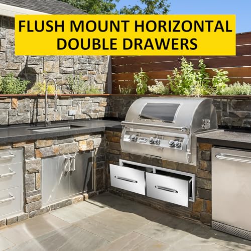 Image of Outdoor Kitchen Drawers 30 inch W x 10 inch H x 20 inch D Flush Mount Horizontal Double Drawers with Chrome Handle,Stainless Steel Built-in BBQ Drawer for Outdoor Kitchen Island, Patio Grill Station