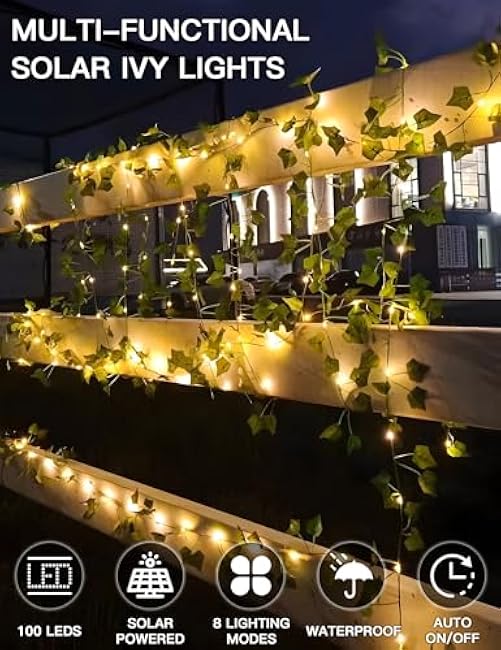 suddus Solar Fairy Lights with Vine, 33ft 100 Led Ivy Solar String Light Outdoor Waterproof, 8 Modes Leaf Lights for Balcony, Yard, Patio, Garden, Fence (Warm White)