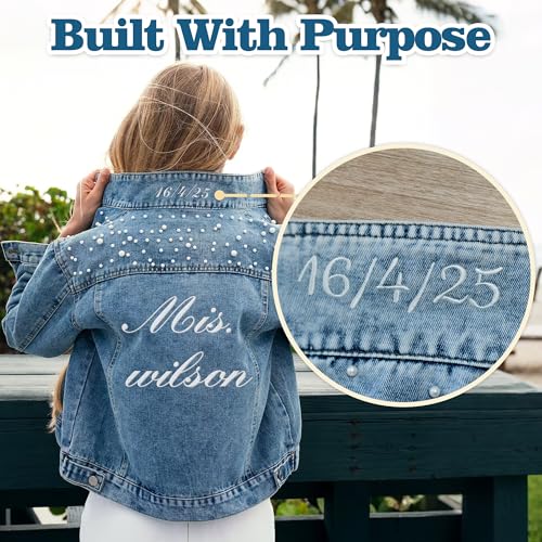 Custom Pearl Denim Jacket for Bride, Personalized Wedding Bridal with Name, Customized Wifey Jacket, Gift for Bride, Future Mrs2