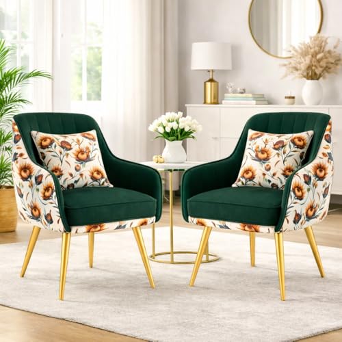 Image of Velvet Accent Chair | Luxury Upholstered Armchair with Sturdy Metal Legs | Modern Comfortable Chair for Living Room, Bedroom, Office, or Cafe (Golden Legs, Green Floral)