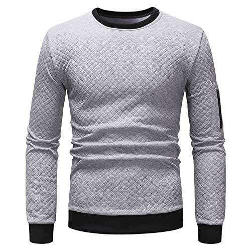 Mens Crew Neck Waffle Basic Pullover Sweaters Lightweight Casual Long Sleeve Hipster Shirt Slim Fit Color Block Top (Medium,Light Grey)