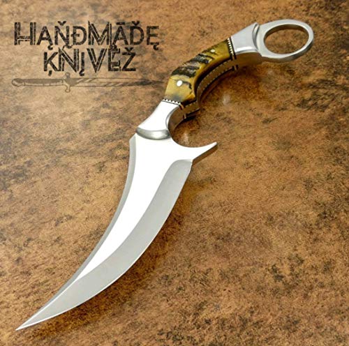 Handmade Knivez Beautiful Karambit Knife with Leather Sheath Fixed Blade Tactical Knife D2 Steel Blade Outdoor Hunting, Survival, Tactical and EDC Tool, D-2 Steel Karambit Knife.