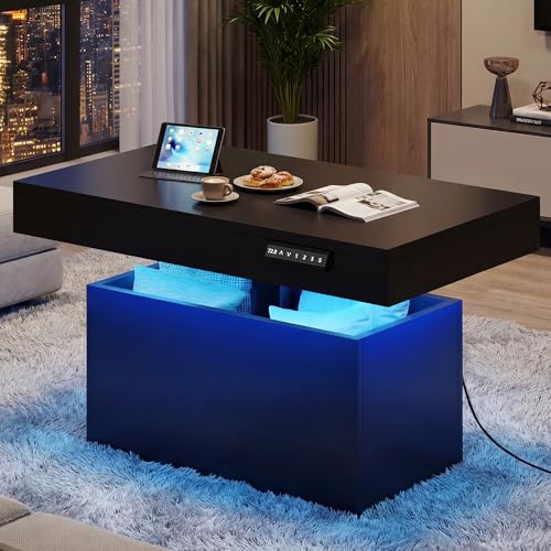 Electric Lift Top Coffee Table with Storage & LED Light