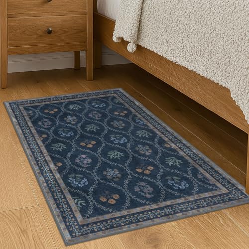 KILOCOCO 2x3 Small Area Rug, Moroccan Super Soft Entryway Rugs Indoor Vintage Washable Rug Non-Slip Indoor Door Mat, Accent Print Faux Wool Throw Rug for Laundry Kitchen Bedroom Entrance, Navy Blue
