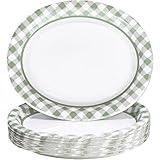 FYSUIMU 50 Pcs Sage Green Gingham Oval Paper Plates Pastel Checkered Disposable Plates 12 x 10 Inch Plaid Tableware Plates for Wedding Birthday Party Supplies