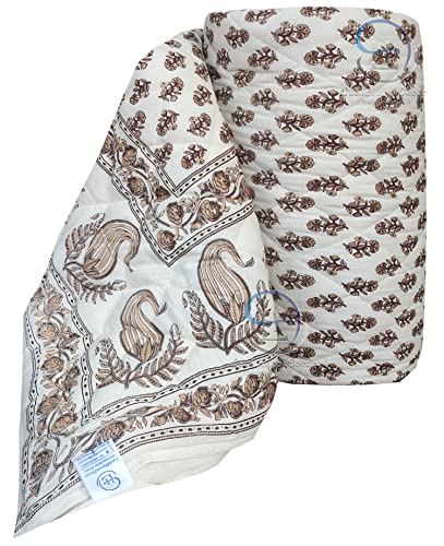 Image of Jaipuri Razai Single Bed Gold Print with Computerized Quilting Use as Soft and Breathable Cotton Comforter Quilt Rajai Blanket Dohar Size 55X85 inch Off White (Cream) Pack of 1