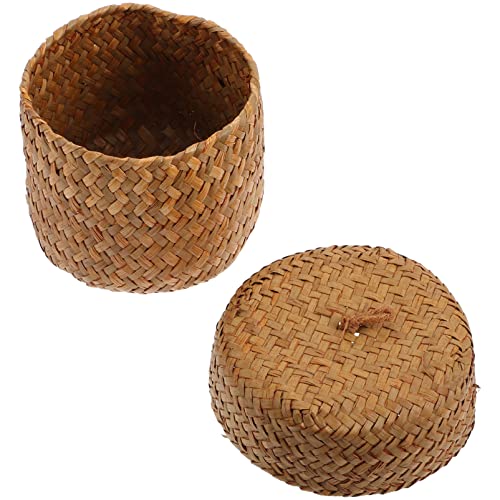 DOITOOL Mini Round Seagrass Basket with Lid, Hand Woven Basket for Empty Decorative Wicker Storage Basket with Lids for Organizing, Tabletop Decorative Flower Storage Basket (Yellow, 12x9cm)
