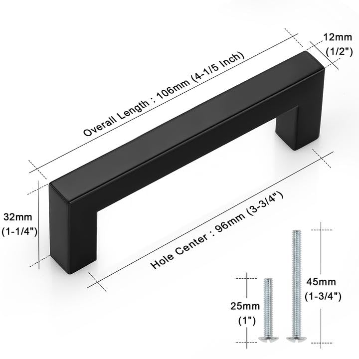 Probrico Paquete de 30 tiradores de barra negra mate para gabinetes de 3-3/4 pulgadas, tiradores cuadrados de acero inoxidable para cajones de tocador, dormitorio, armario, cocina, muebles modernos