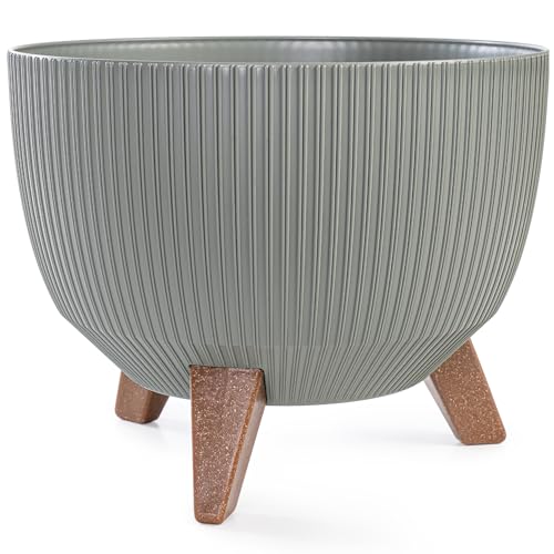 KONZEPT Pflanzschale Groß 29cm Graugrün, Blumentopf mit Füßen, wetterfest & UV-beständig, mit Wasserabfluss-Einsatz, Übertopf für Innen & Außen
