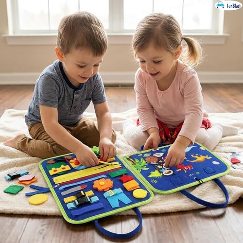 Image of FunBlast 12 in 1 Toddler Busy Binder & Busy Book for Toddlers 1-3 Years - Montessori Busy Board & Activity Book for Kids 2-4 - Educational Busy Book for Learning (Dinosaur)