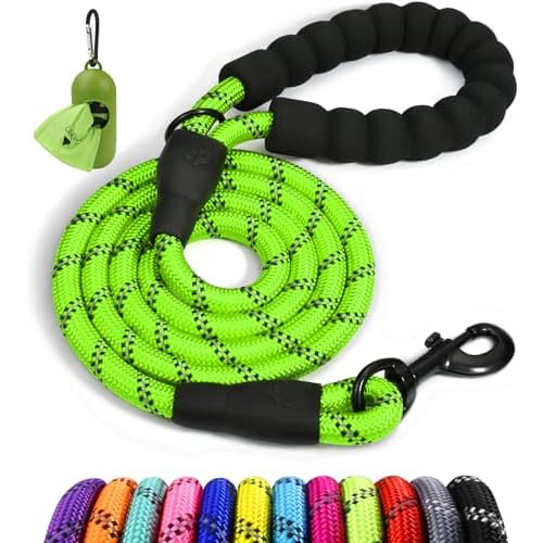 Taglory Rope Dog Leash 5 FT with Comfortable Padded Handle, Highly Reflective Threads Leash and Anti-Tangle Clip for Walking Medium Large Dogs, 1/2 inch, Green