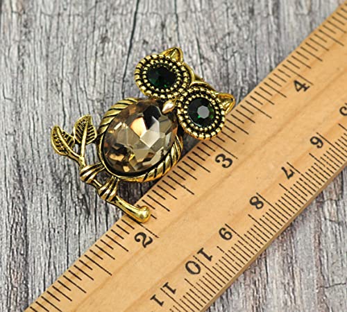 Image of Gyn&Joy Golden Tone Emerald Green Colored Crystal stone Owl Bird Brooch Pin