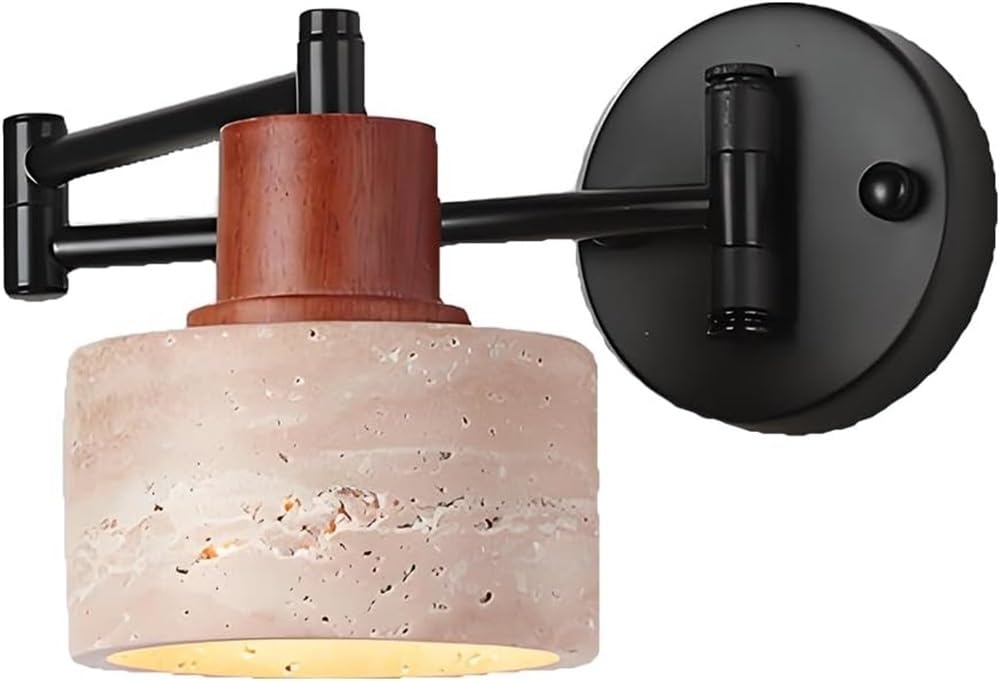 Adjustable Swing Arm Wall Lamp with Natural Travertine Stone Shade Matte Metal Finish Reading Light Fixture for Bedside Bedroom Living Room Modern Dimmable Wall Mounted Sconce Warm White Ambient
