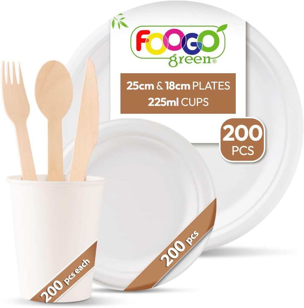 FOOGO Green 1200pcs Disposable Sugarcane Fibre Paper Plates & Cups with Wooden Cutlery Set, FSC® Certified, Large & Small Round Plates, Cups, Forks, Knives, Spoons