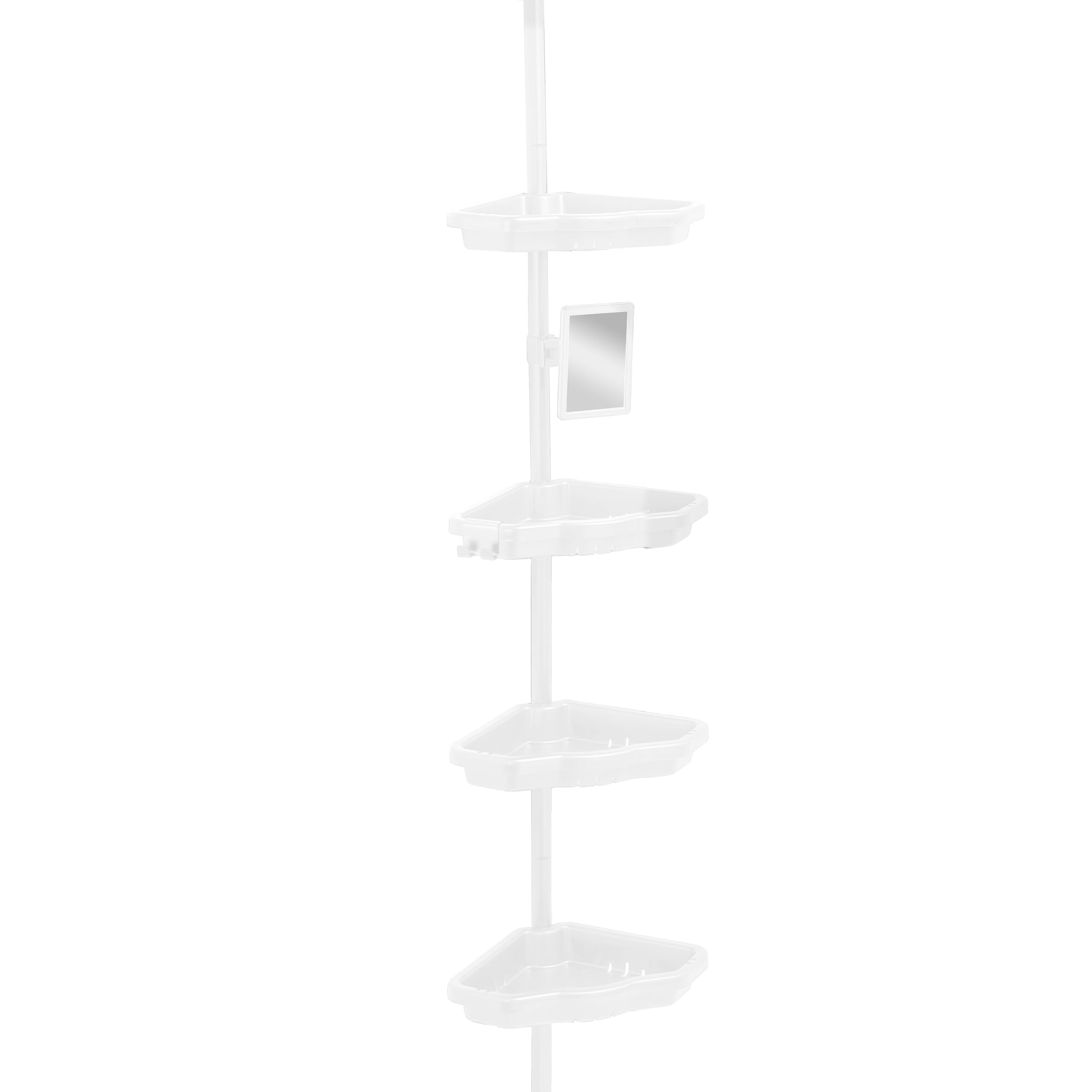 White 4-Tier Corner Shower Caddy Organizer Rust-Proof Aluminum 48-102 Inch Adjustable Height Self-Draining Shelves with Mirror and Hooks
