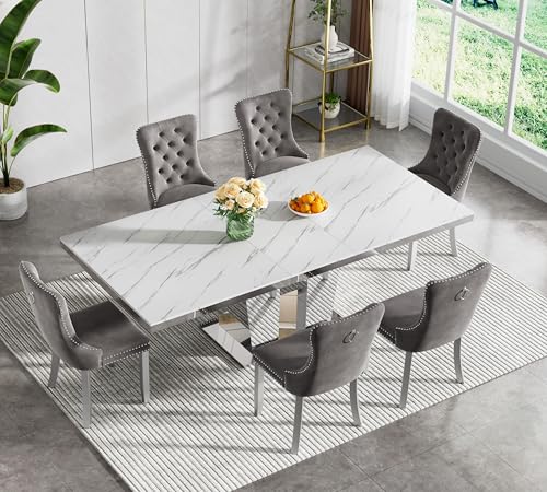 Image of 7-Piece Extendable Dining Table Set for 6, Modern 63 inch-94 inch White Faux Marble Expandable Kitchen Table Set with 6 Velvet Chairs, Large Extendable Dining Room Tables with Mirrored Columnar Base