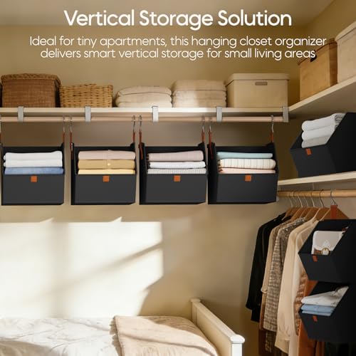 Image of Homsorout Collapsible Hanging Closet Organizer - 6 Tier Closet Shelves Storage System with Hooks, Fabric Hanging Storage Bins for Clothes, Foldable Storage Basket for Laundry, Bedroom, Rv, Black