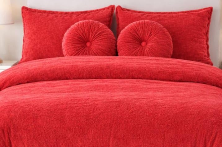 Image of Sands Luxurious 6Pc Bedding Set for Winter, 1 Double Duvet Cover,1 Double Bed bedsheet, 2 Pillow Covers, 2 Round Cushions, Ultra Soft Woollen Bedsheet Set- 90X100 inches (Red)