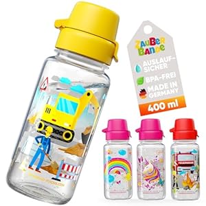 Zauberbande Trinkflasche Kinder auslaufsicher – Bagger – 400 ml – Kinder Trinkflasche Kohlensäure geeignet, BPA-frei aus Tritan, spülmaschinenfest, Easy-Clean – Made in Germany